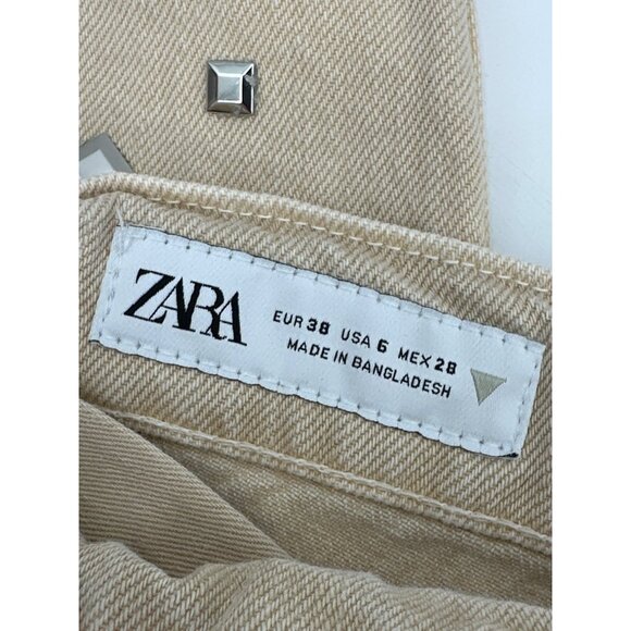 Zara Womens Size 6 Studdeded Wide Leg Jeans Beige Mid Rise Waist 30 Denim - Picture 3 of 8